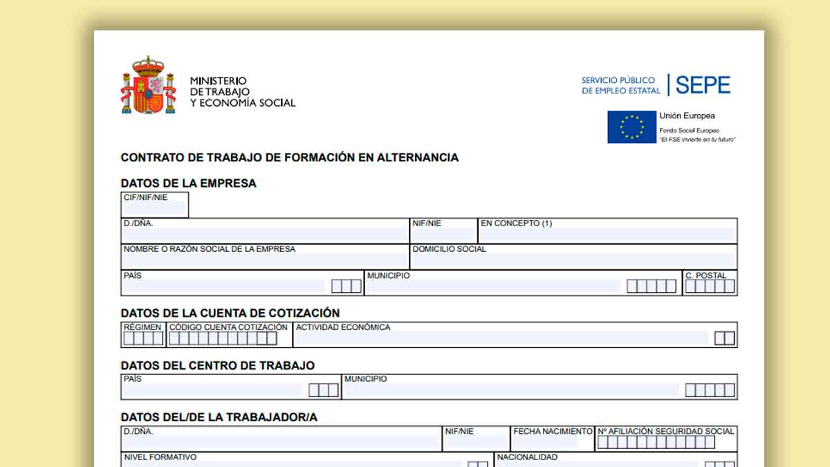 Documento oficial del contrato de formación en alternancia del SEPE utilizado en la nueva normativa sobre contratos formativos