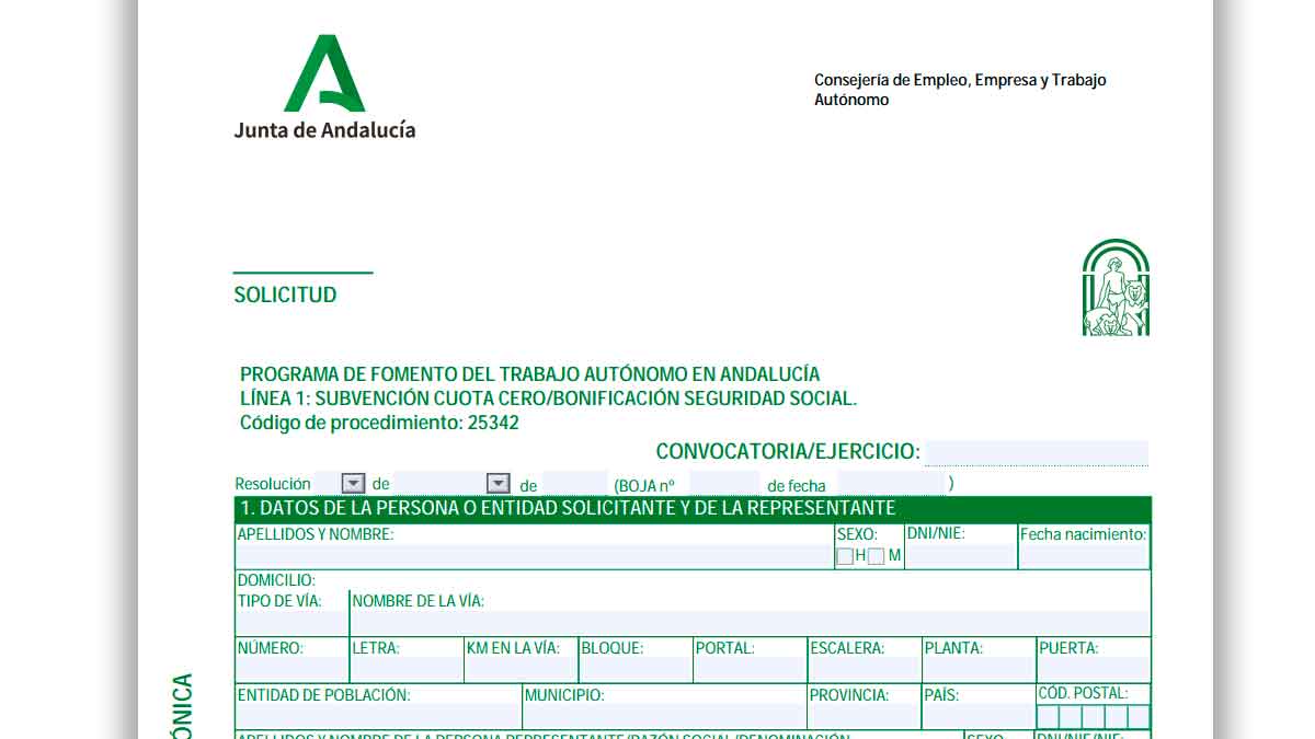 Formulario oficial de solicitud de la subvención cuota cero para autónomos de la Junta de Andalucía