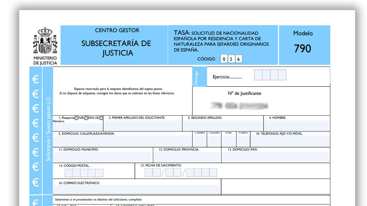 Formulario modelo 790 del Ministerio de Justicia para solicitar la nacionalidad española por residencia en España