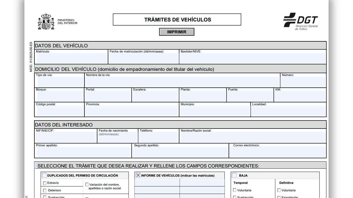 Formulario oficial de la DGT para solicitar el informe de un vehículo antes de comprar un coche usado