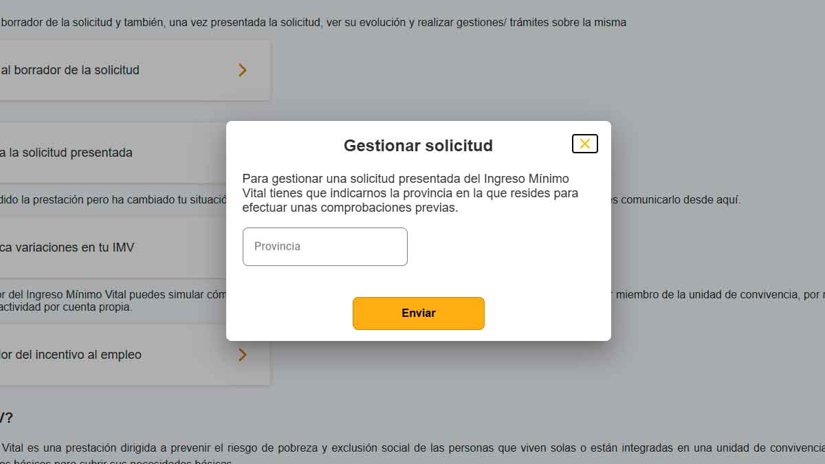 Ventana para gestionar solicitud del Ingreso Mínimo Vital en la Sede Electrónica indicando provincia