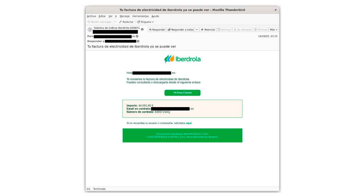 Correo falso que suplanta a Iberdrola con factura fraudulenta, según alerta de INCIBE