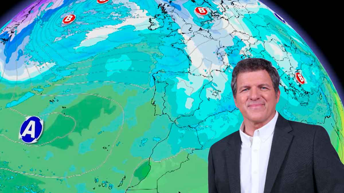 Mario Picazo frente a un mapa meteorológico que muestra frío generalizado en Europa y la Península Ibérica