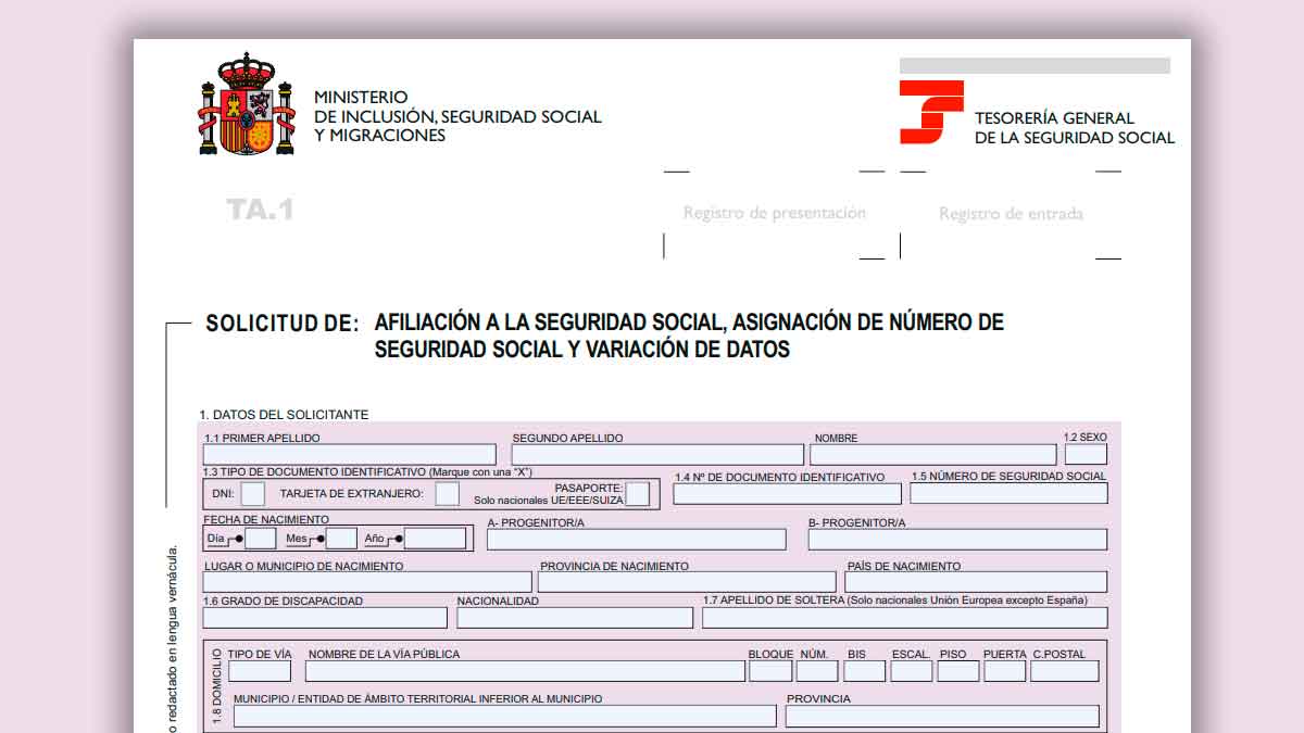 Formulario TA.1 de la Seguridad Social para comunicar el cambio de NIE a DNI tras obtener la nacionalidad española