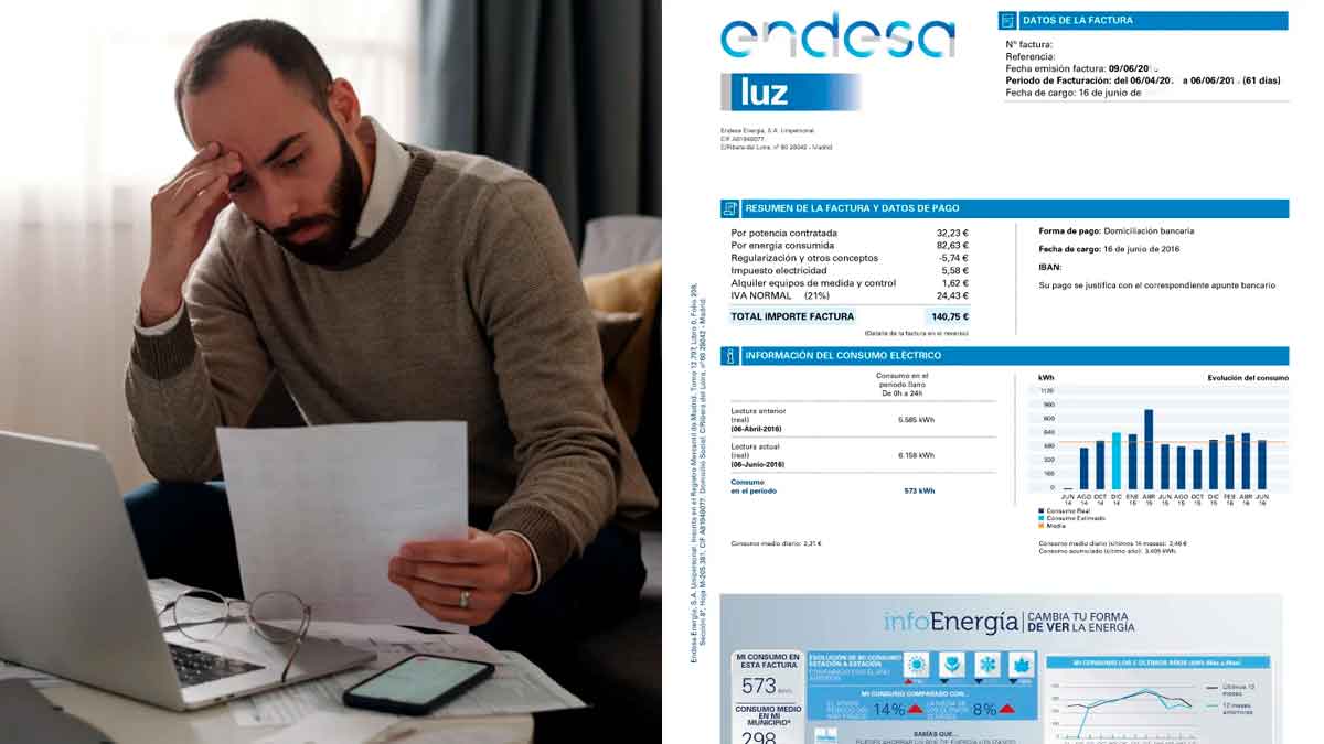 Hombre revisando su factura de la luz con preocupación y comparando tarifas eléctricas más baratas según OCU
