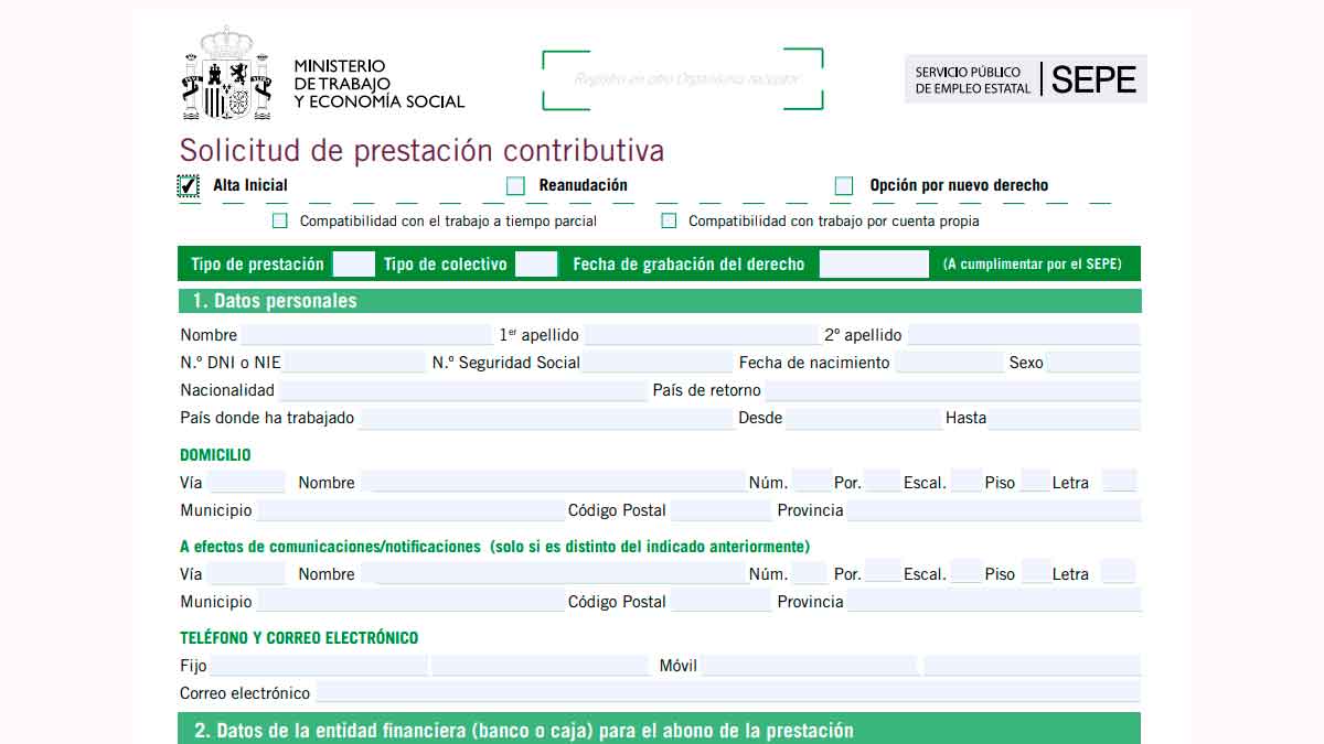 Formulario oficial del SEPE para solicitar la prestación contributiva por desempleo tras haber trabajado más de un año
