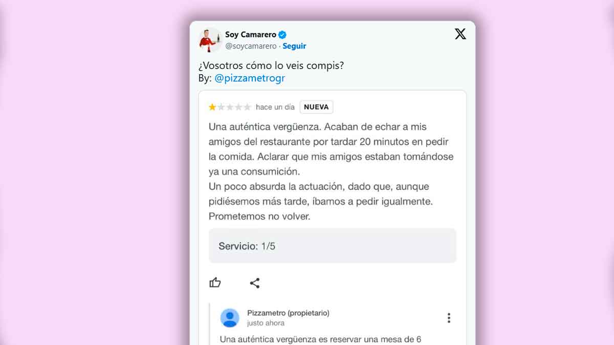 Captura del tuit de Soy Camarero sobre clientes expulsados de un restaurante por retrasarse en la reserva