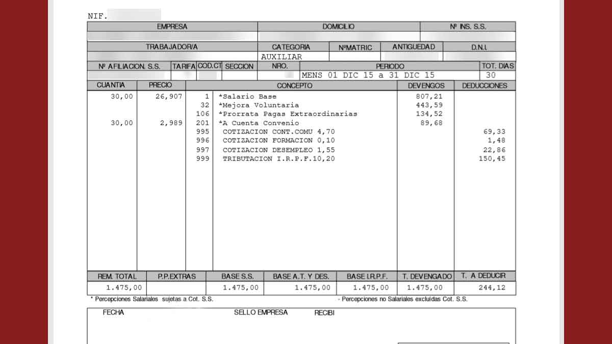 Ejemplo de nómina con cotizaciones y deducciones aplicadas por la Seguridad Social en 2026