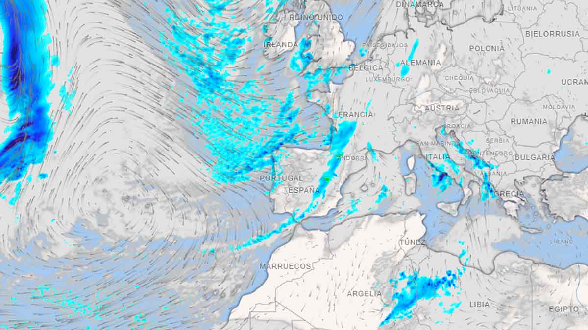 Mapa meteorológico mostrando la llegada de frentes atlánticos con lluvias sobre España según la previsión de AEMET