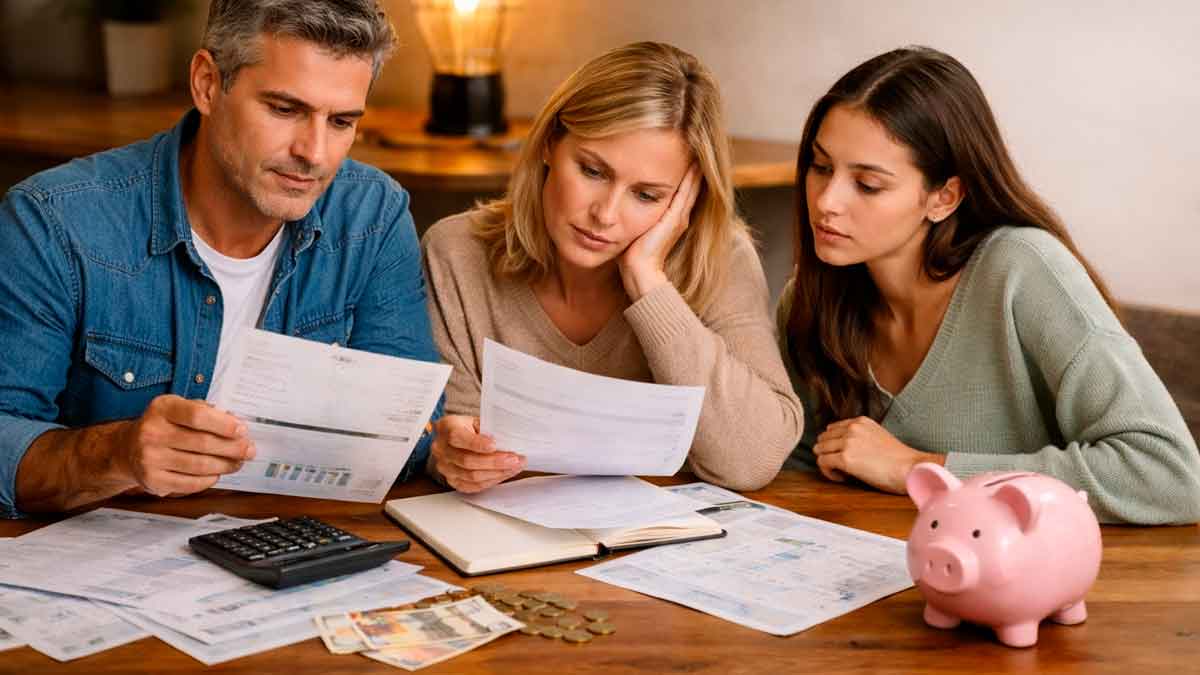 Familia revisando facturas y gastos del hogar ante las subidas de vivienda, luz, agua y pensiones en 2026