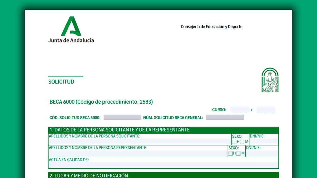 Formulario oficial de solicitud de la Beca 6000 de la Junta de Andalucía para el curso 2025-2026