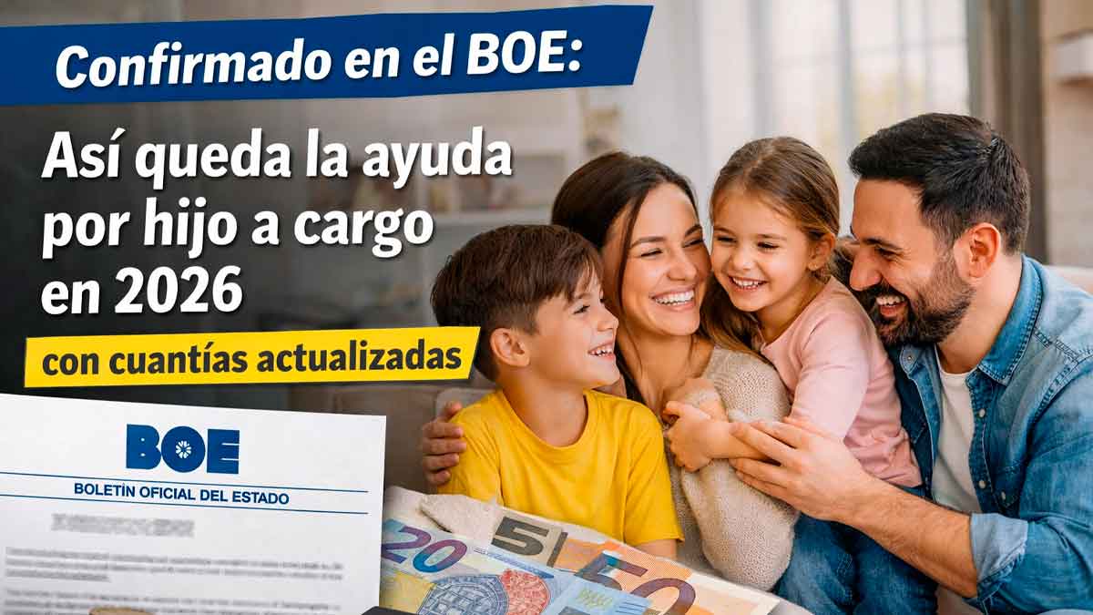 Familia con hijos mostrando la ayuda por hijo a cargo confirmada por el BOE para 2026 con cuantías actualizadas