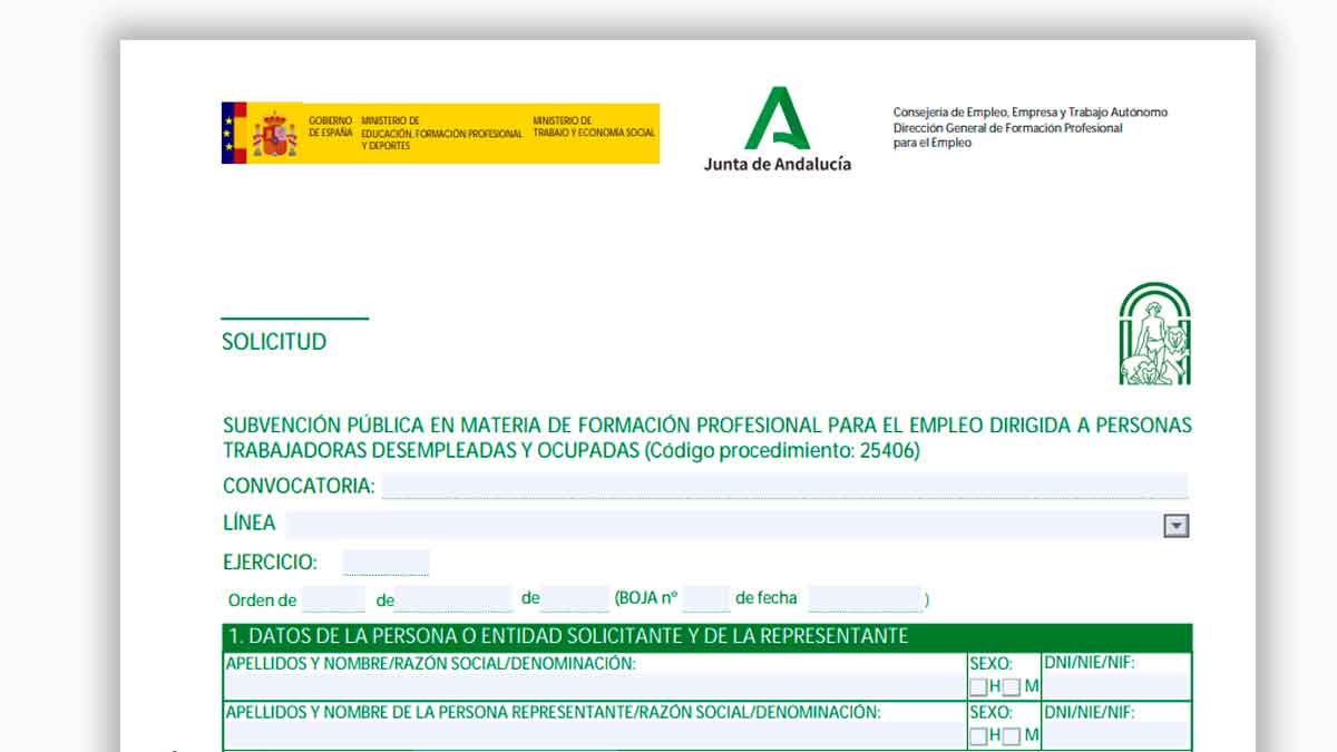 Formulario oficial de solicitud de subvenciones FPE para personas desempleadas con discapacidad en Andalucía