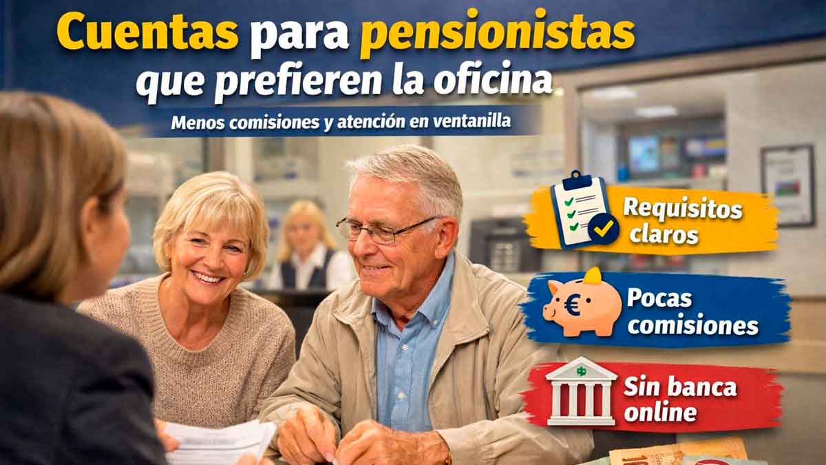 Personas mayores en una oficina bancaria informándose sobre cuentas para pensionistas con menos comisiones y atención en ventanilla
