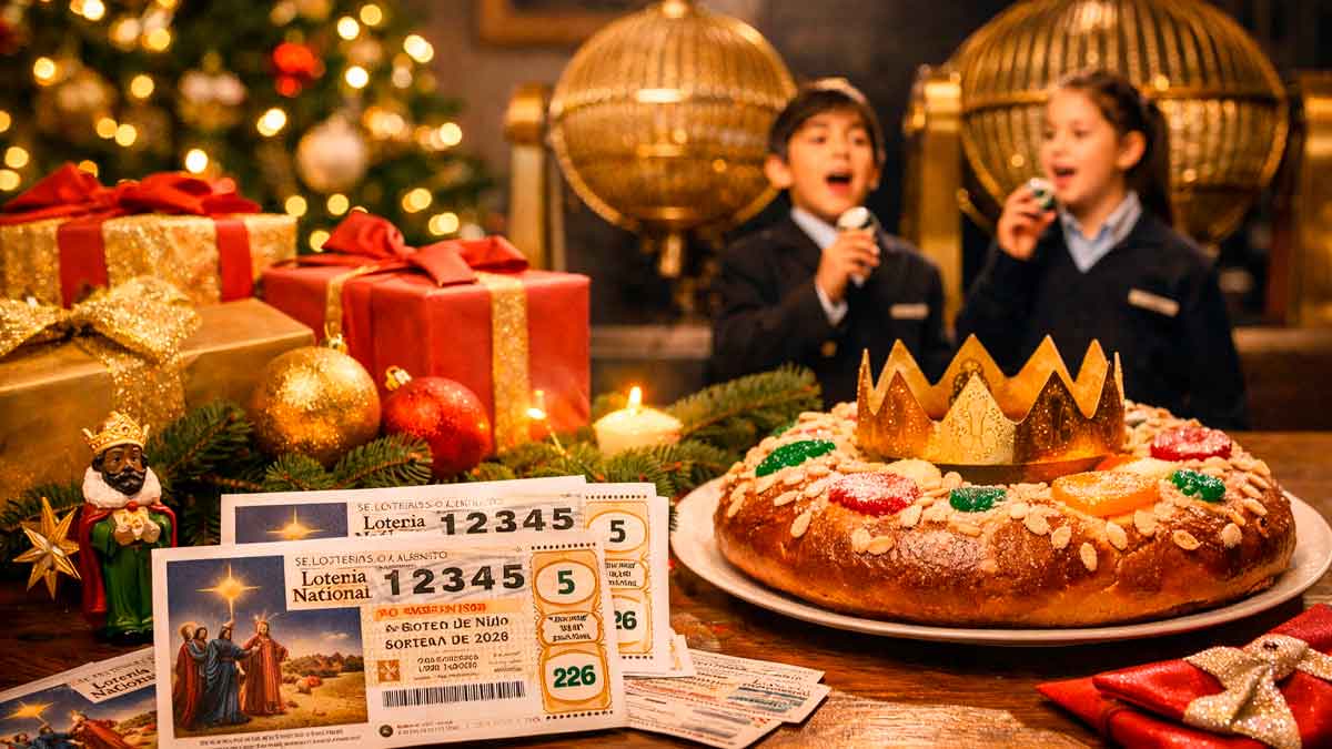 Décimos de la Lotería del Niño 2026 junto a un roscón de Reyes en un ambiente navideño tradicional