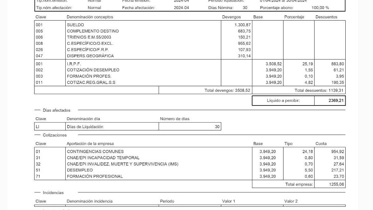 Nómina con desglose de sueldo, cotizaciones a la Seguridad Social y líquido a percibir tras los descuentos