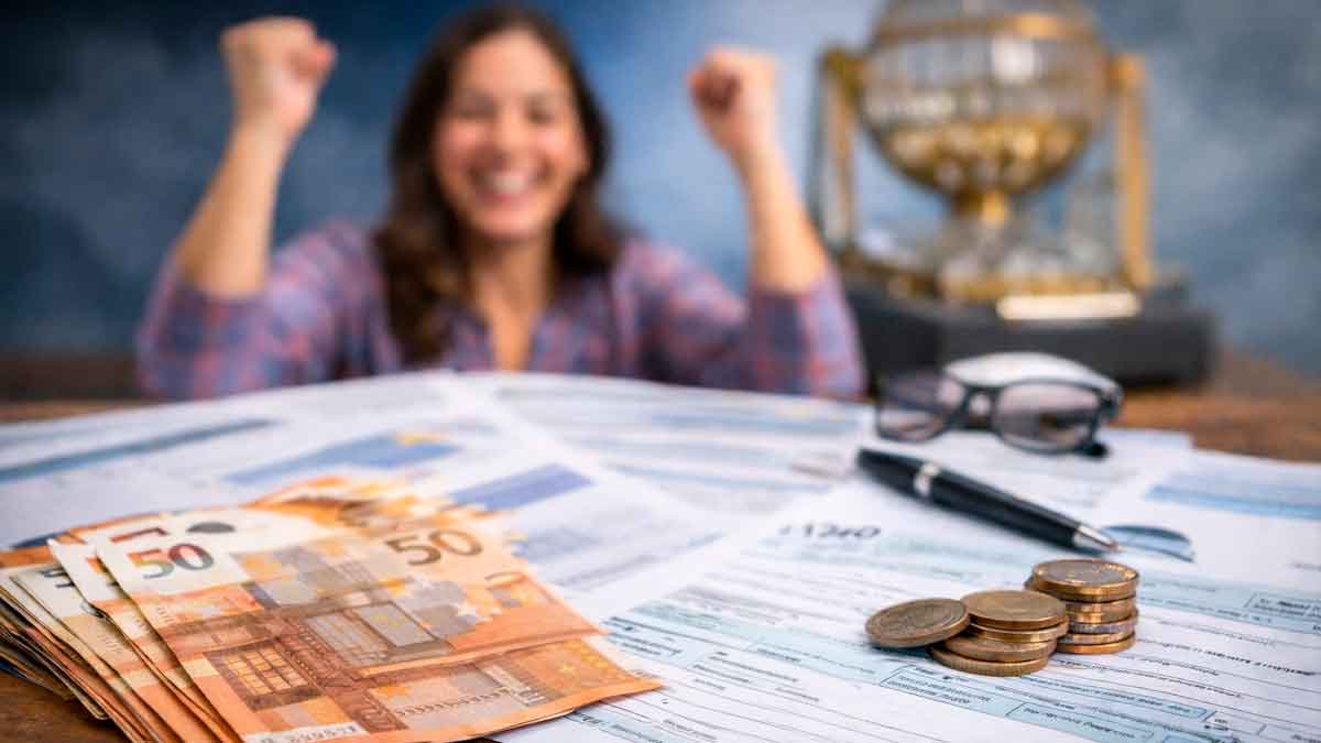 Dinero y documentos de la Renta sobre una mesa tras ganar la lotería y la obligación de declarar el premio a Hacienda