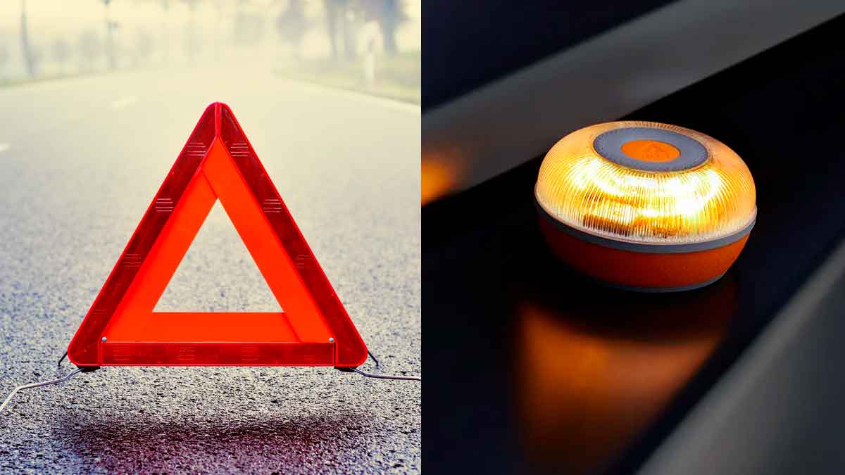Triángulo de emergencia y baliza V16 conectada, usados para señalizar una avería en carretera