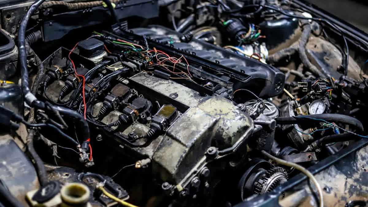 Motor de combustión con componentes y cableado visible en un vehículo