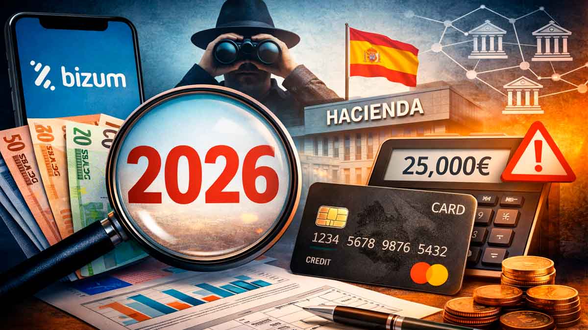Ilustración sobre el control de Hacienda a Bizum y pagos con tarjeta en 2026, con lupa, dinero y aviso de 25.000 euros