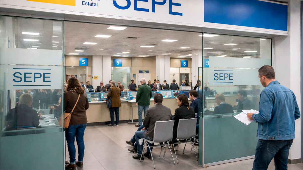 Oficina del SEPE con personas consultando su prestación por desempleo y documentación del paro