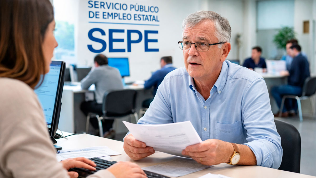 Hombre de 65 años siendo atendido en una oficina del SEPE para consultar el cobro del paro
