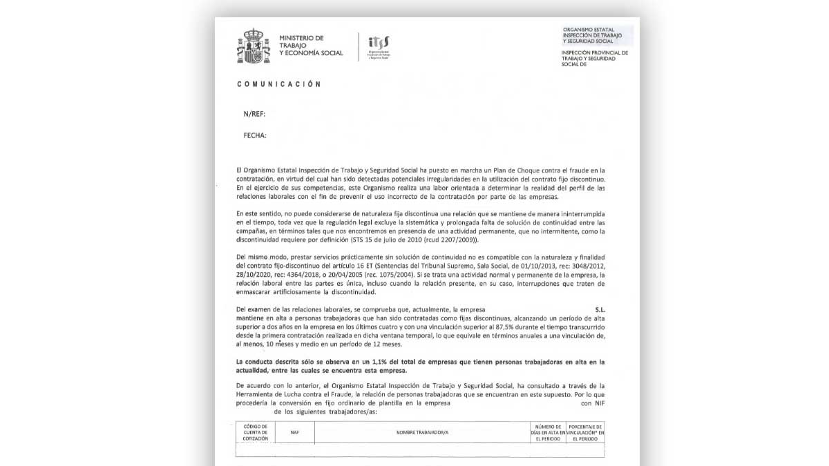 Inspección de Trabajo comunicación oficial sobre control del fraude laboral en contratos y periodos de prueba en empresas
