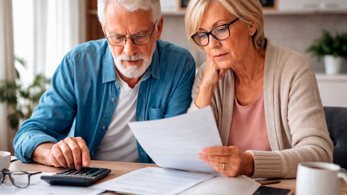 Personas mayores revisando documentos y calculando su pensión de jubilación tras cotizar 15 años a la Seguridad Social