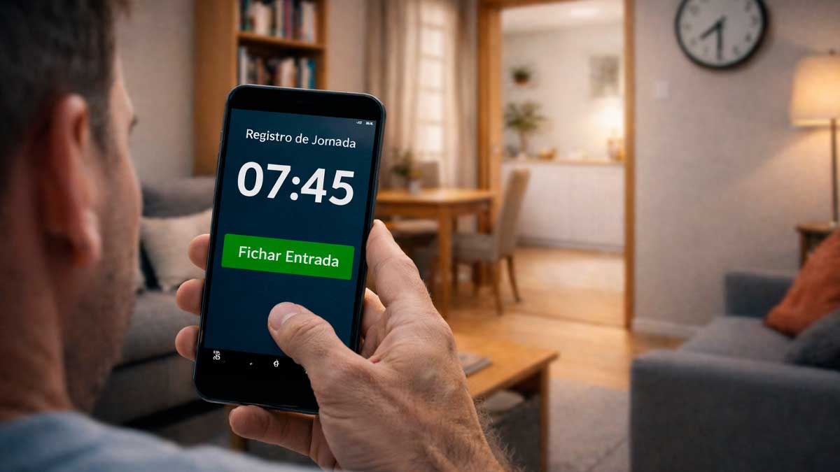 Trabajador fichando desde casa con móvil en registro de jornada laboral