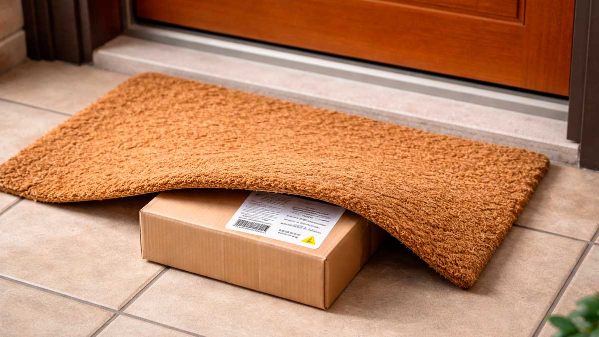 Paquete oculto bajo felpudo en la entrada de una vivienda tras entrega irregular de mensajería