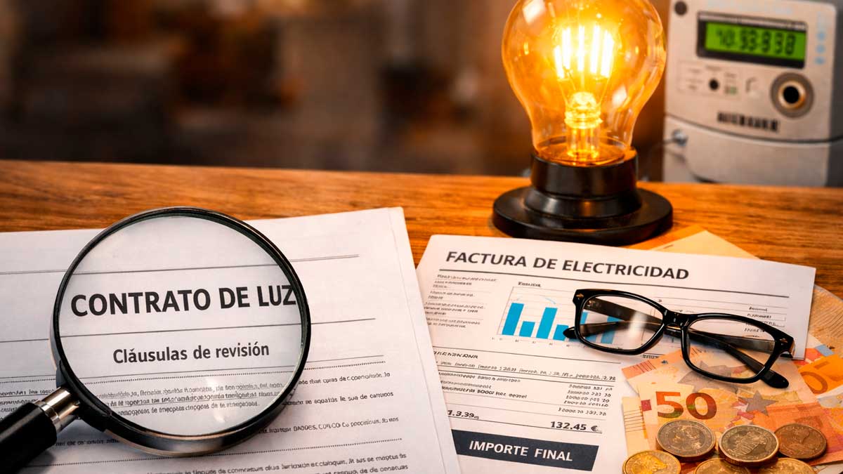 Contrato de luz con lupa sobre cláusulas de revisión junto a una factura eléctrica y dinero