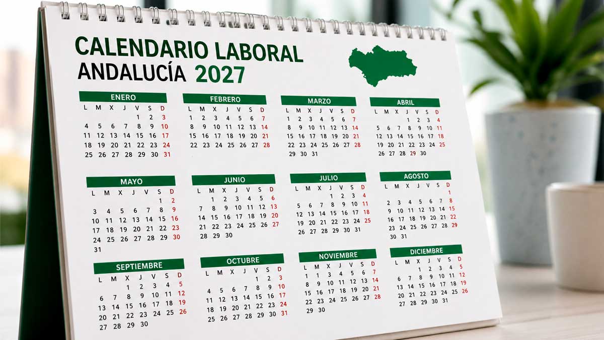 Calendario laboral de Andalucía 2027 con festivos nacionales y autonómicos en escritorio de oficina