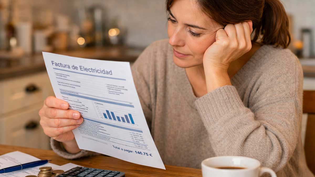 Mujer revisando una factura de electricidad en casa con gesto de preocupación por el coste de la luz en 2026