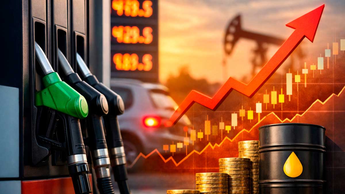Surtidores de gasolina con gráfico al alza que representa la subida de la inflación por los carburantes en España