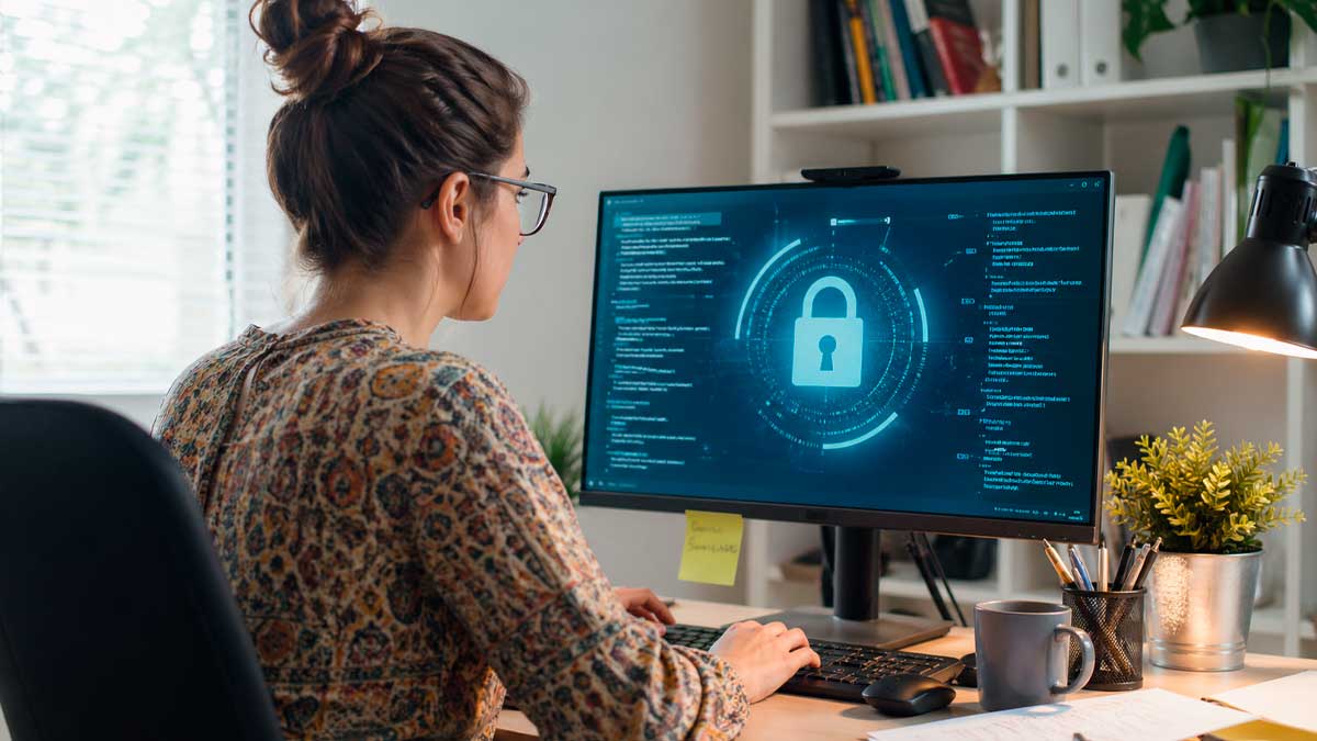Teletrabajadora usando ordenador con sistema de seguridad digital en casa