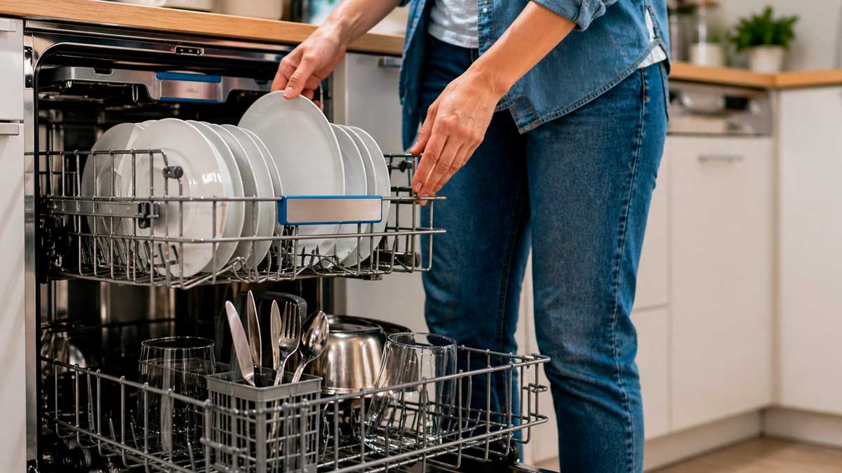 Mujer colocando platos en el lavavajillas en una cocina moderna para ahorrar energía