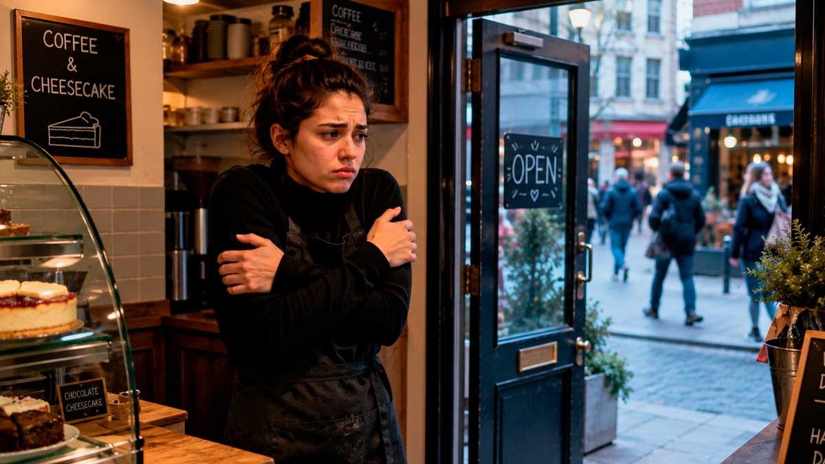 Camarera pasando frío en una cafetería con la puerta abierta durante el invierno