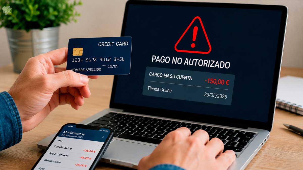 Fraude con tarjeta online mostrado en un portátil con aviso de cargo no autorizado y recomendaciones de la OCU