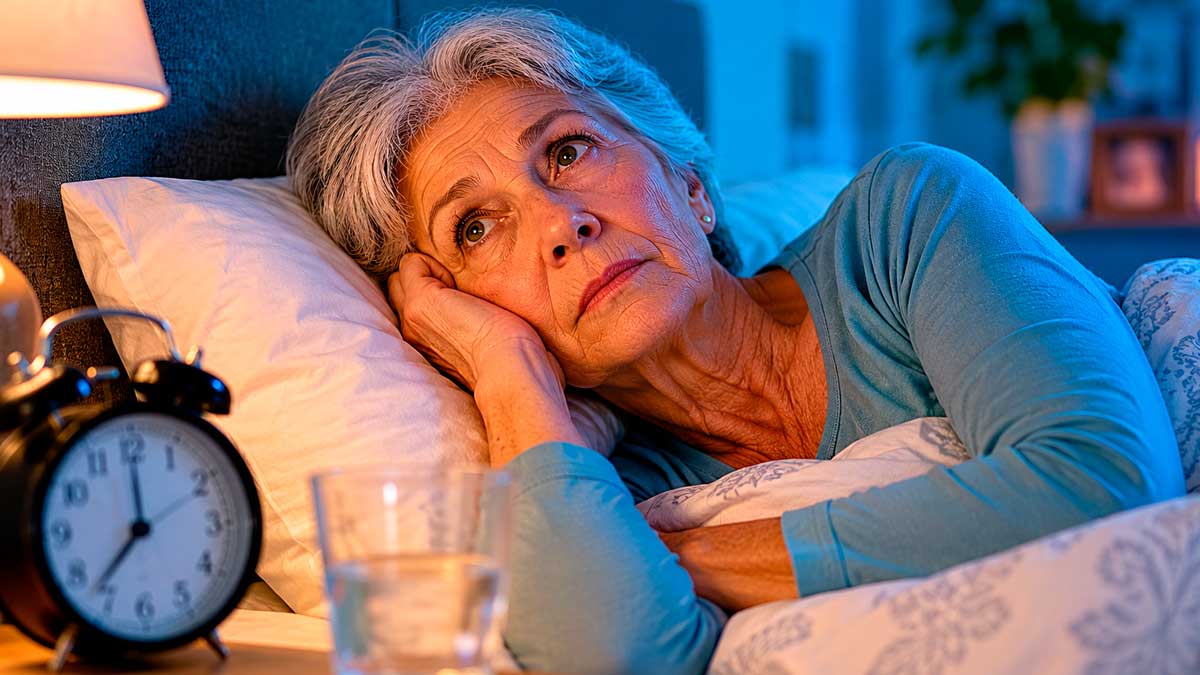 Mujer mayor con problemas de sueño durante la noche en su dormitorio