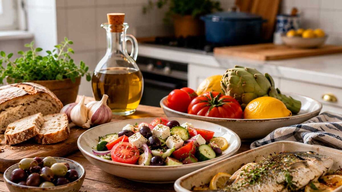 Mesa con alimentos de la dieta mediterránea en Andalucía: verduras, pescado, pan y aceite de oliva