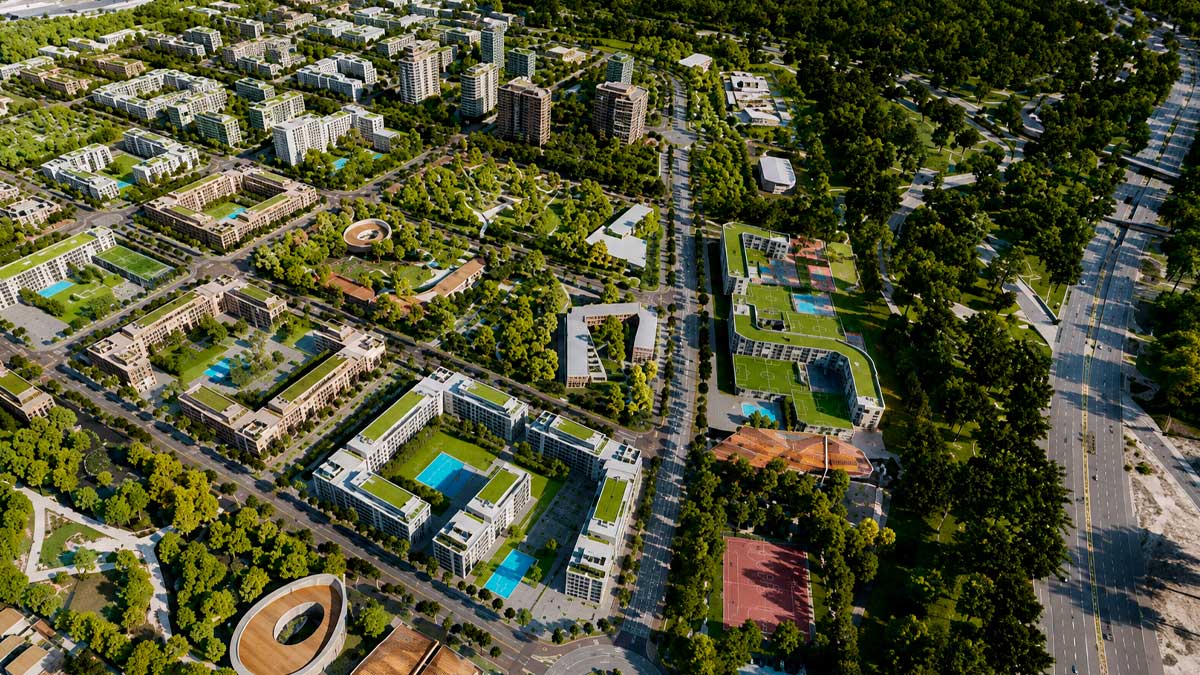 Vista aérea del barrio universitario de Jaén con nuevas viviendas y zonas verdes
