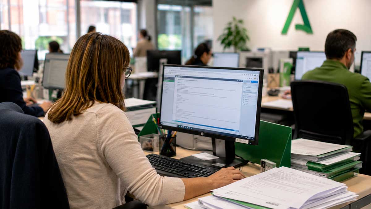Empleados públicos trabajando con sistemas digitales para tramitar expedientes y ayudas de la Junta de Andalucía.