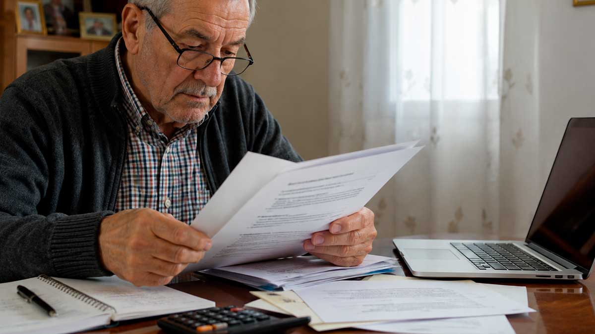 Hombre mayor revisando documentos sobre pensiones de Clases Pasivas en su escritorio