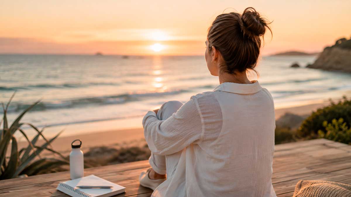 Mujer reflexionando junto al mar al atardecer, salud mental en verano